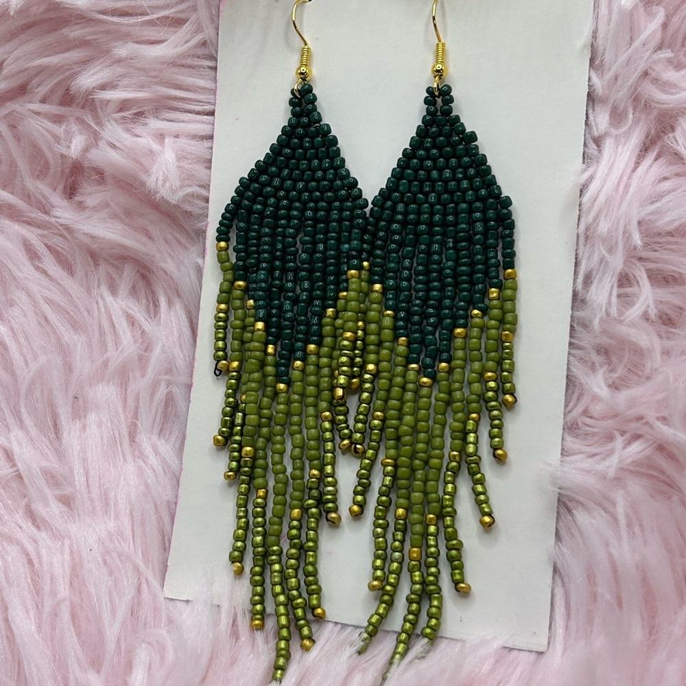 Green & Olive Layered Fringe Earrings